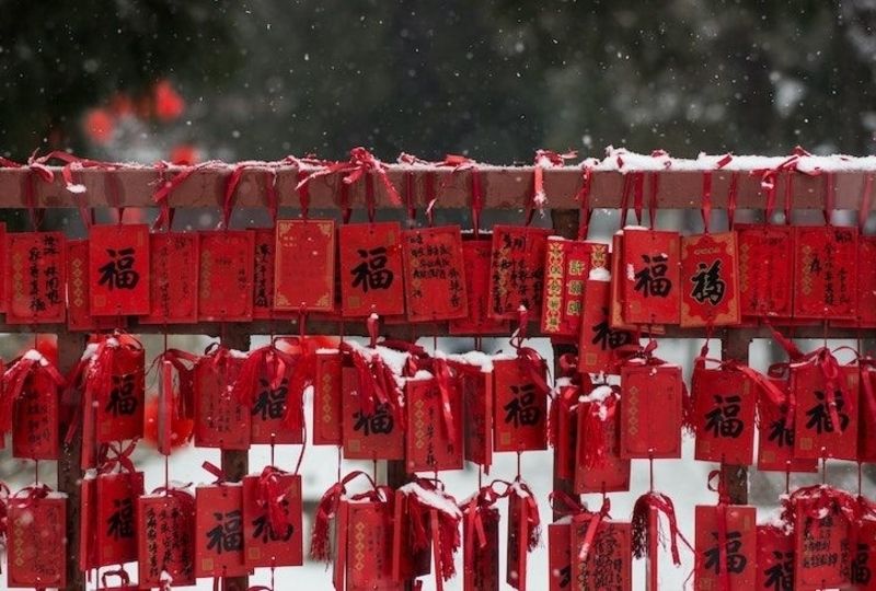 Hanging red cards with Best Wish in Chinese characteris 