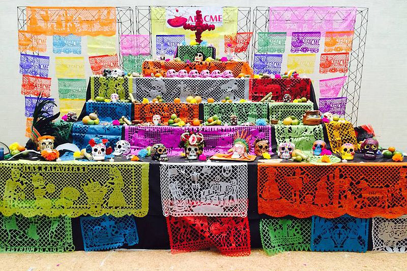 day of the dead altar with skulls