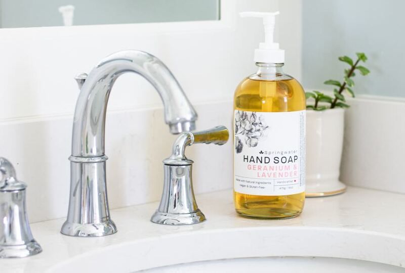 Hand soap at a bathroom sink