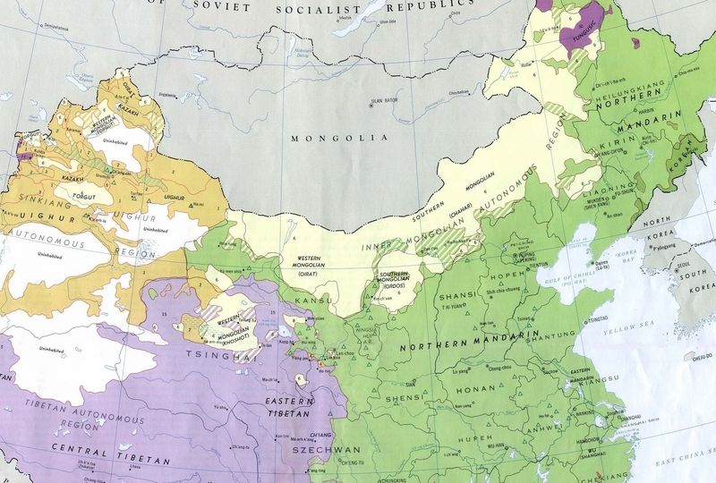 Mandarin Chinese (green) Reaches the Northeastern Boarder and Most of the Coast