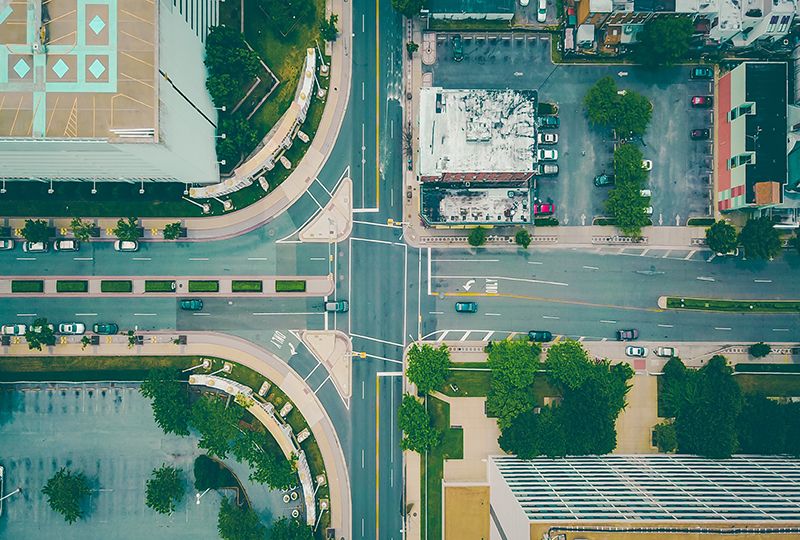 An overhead view of a several city blocks