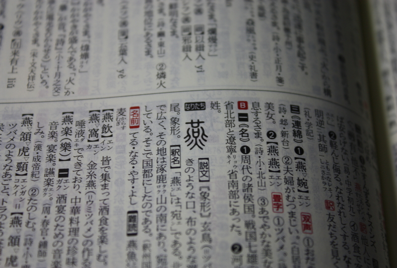 Picture of a dictionary with the word 燕 (swallow))