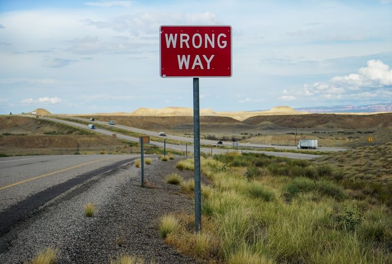 Wrong Way road sign against green grass and blue sky background