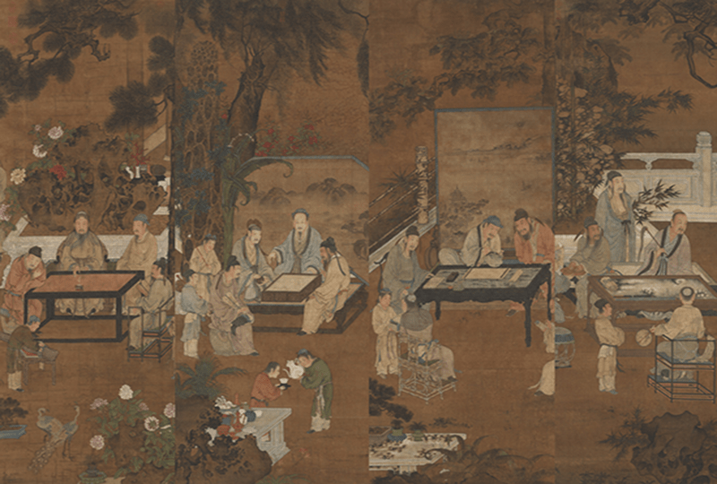 Sequence of four images showing Ancient Chinese nobility playing a stringed instrument, a board game, doing calligraphy and painting