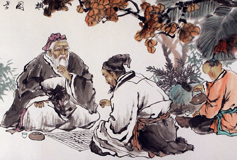 Two Chinese men in traditional Chinese dress playing Go in an outdoor setting